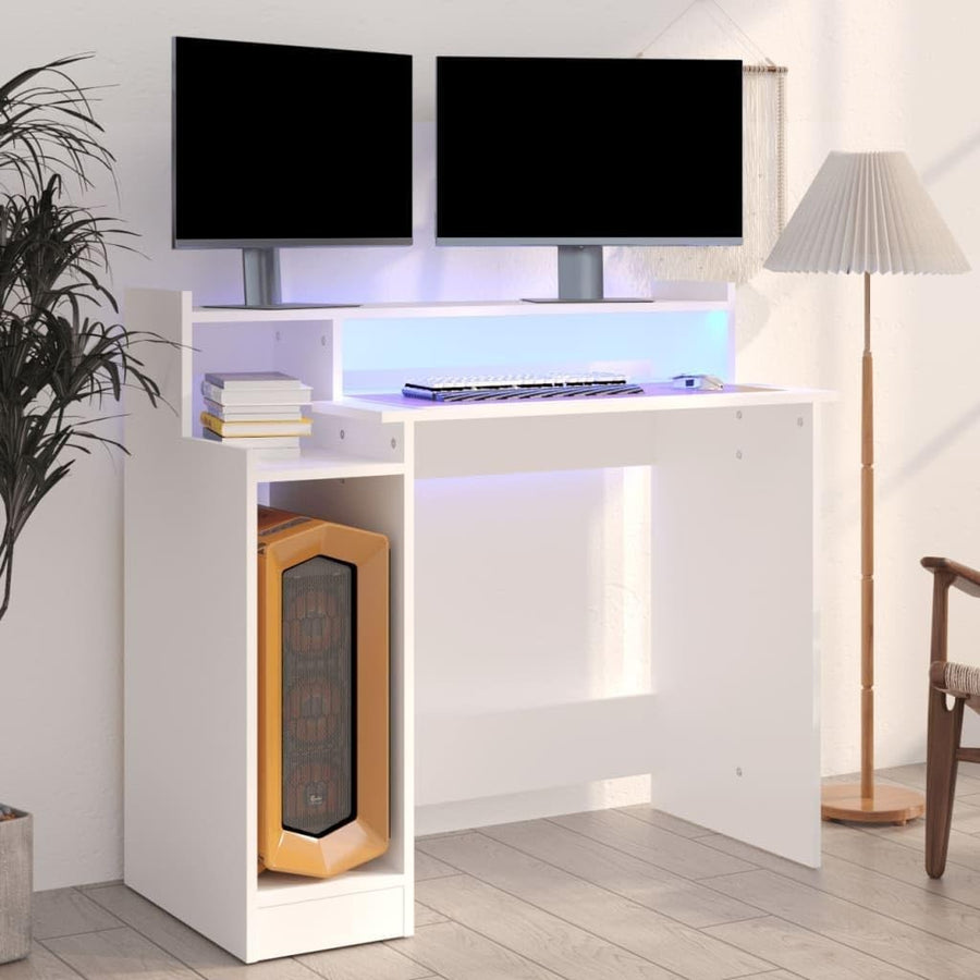 Modern White LED Computer Desk 97x45x90cm Study Writing Table with Drawers