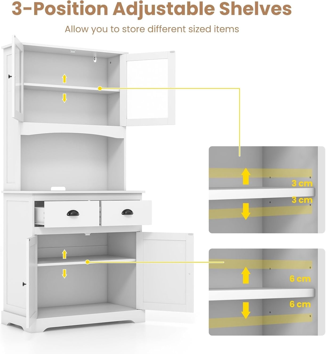 White 170cm Kitchen Cupboard 4-Door Pantry 2 Drawers Adjustable Shelf Cable Hole