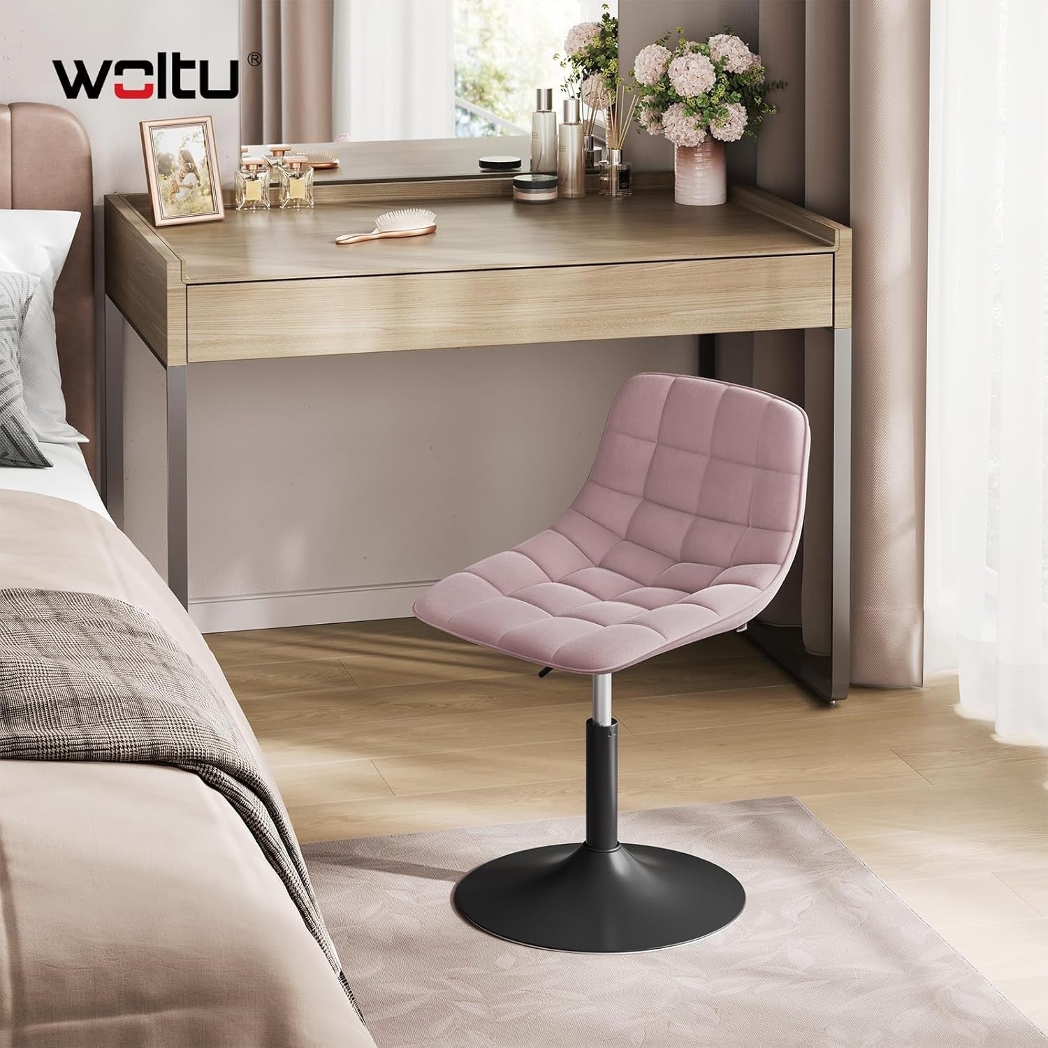 Pink Velvet Swivel Vanity Stool Height Adjustable Dressing Table Chair