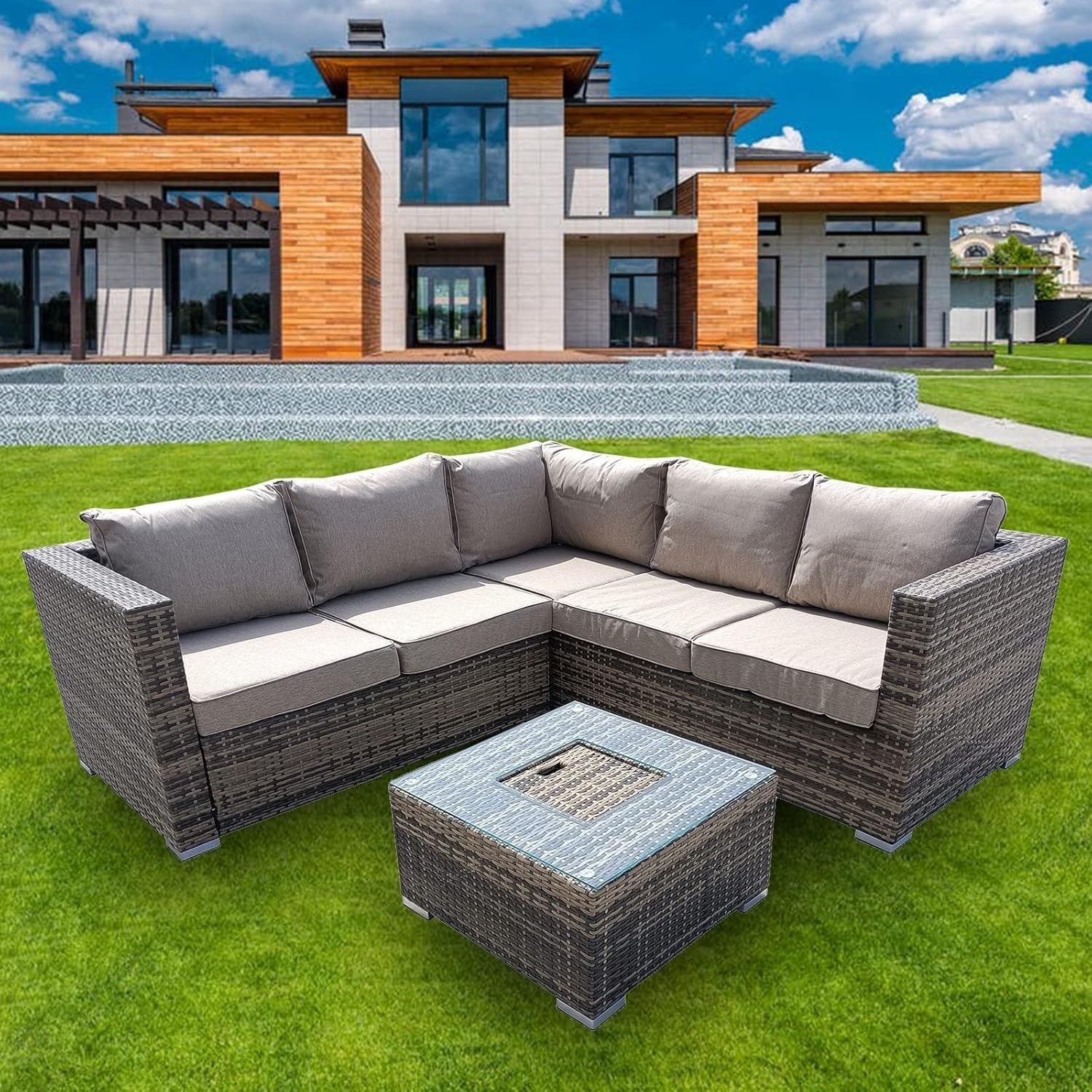 5-Seater Rattan Garden Sofa Set with Ice Bucket Coffee Table Outdoor Patio