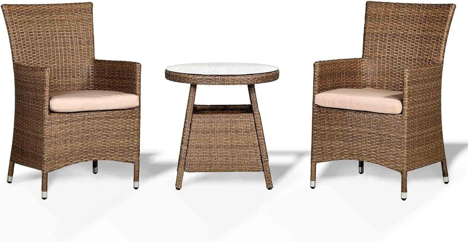 Brown Rattan Bistro Set 2 Armchairs with Side Table Balcony Patio Seating