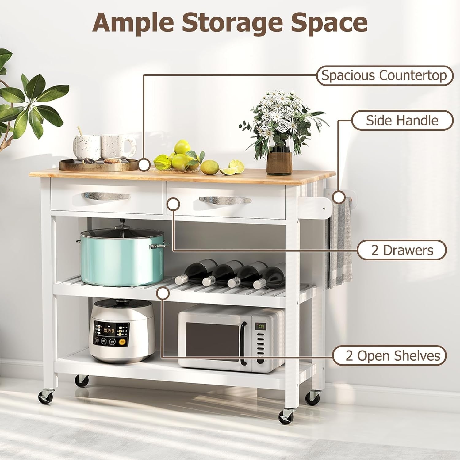 116cm Kitchen Island Cart Rubber Wood Top