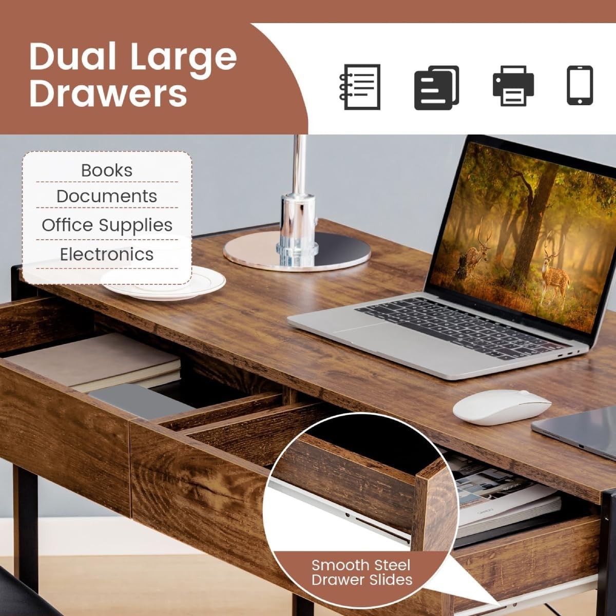 Rustic Brown Industrial Computer Desk with Drawers & Metal Frame