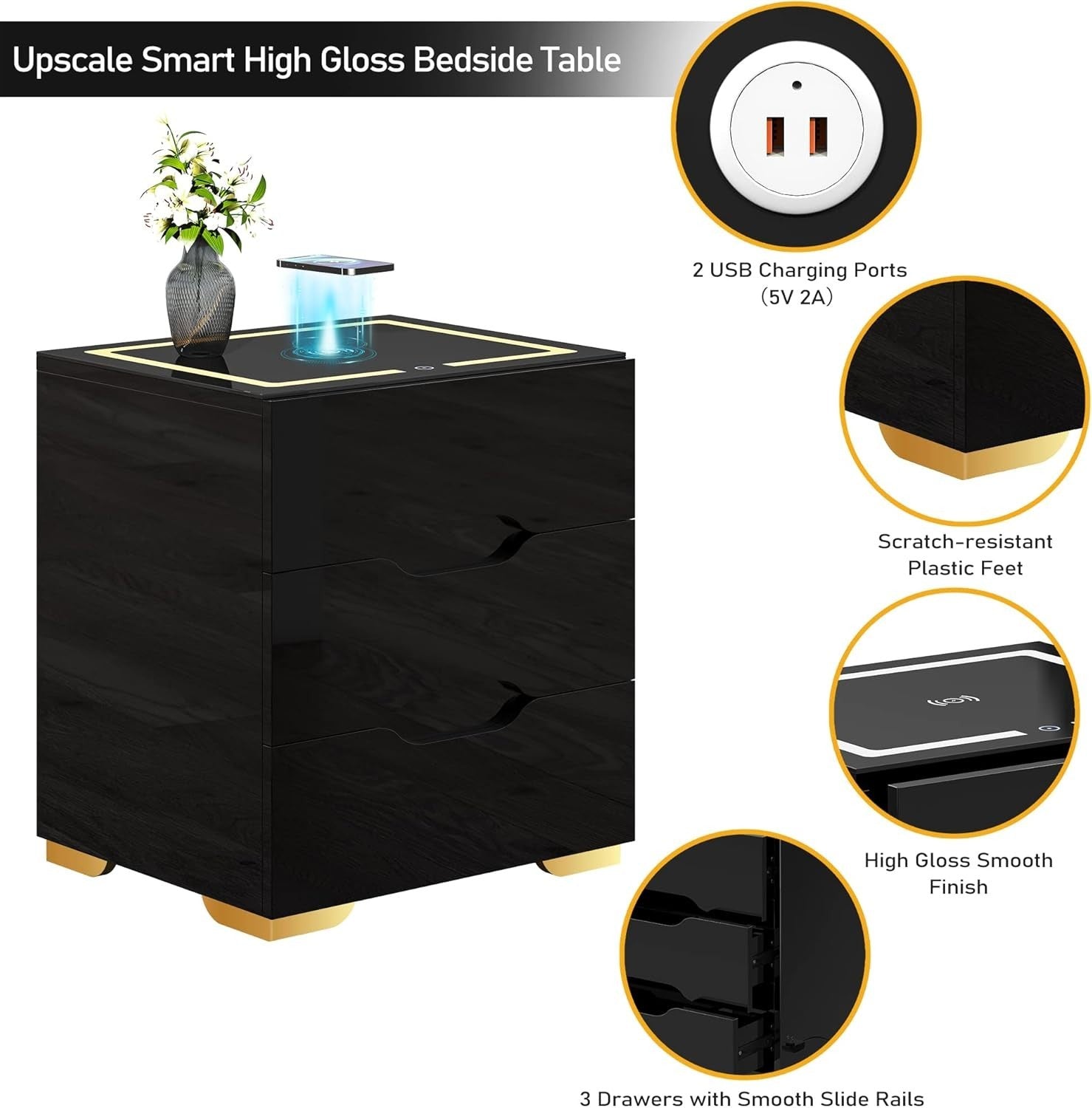 Black High Gloss Bedside Table with Wireless & USB Charging, LED Light, 3 Drawer
