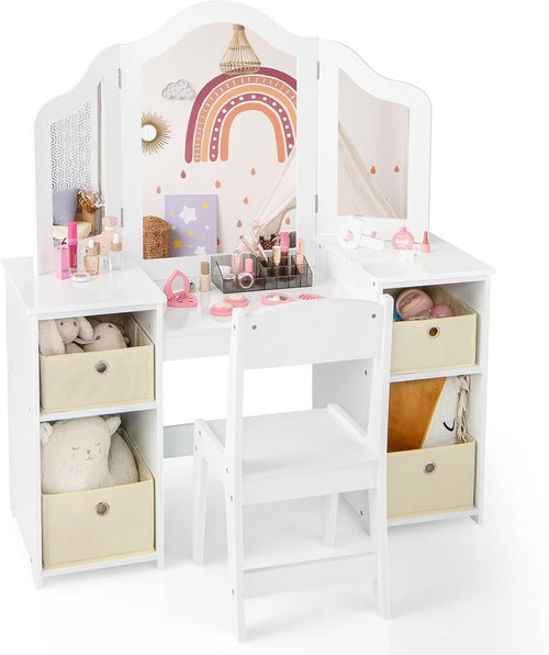 Kids Vanity Table with Tri-Fold Mirror & Storage Bins, White Wooden Set