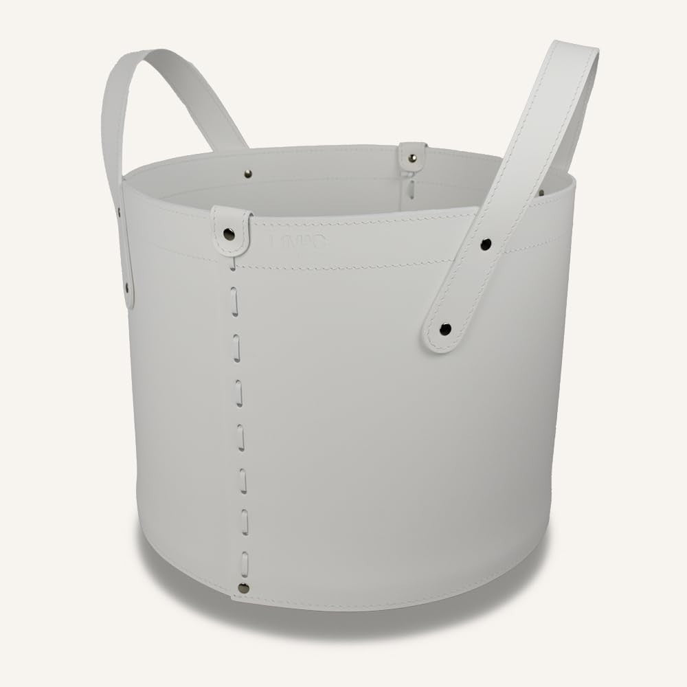 white Luxury Leather Log Basket with Wheels, Indoor Wood Holder, Handmade Bin