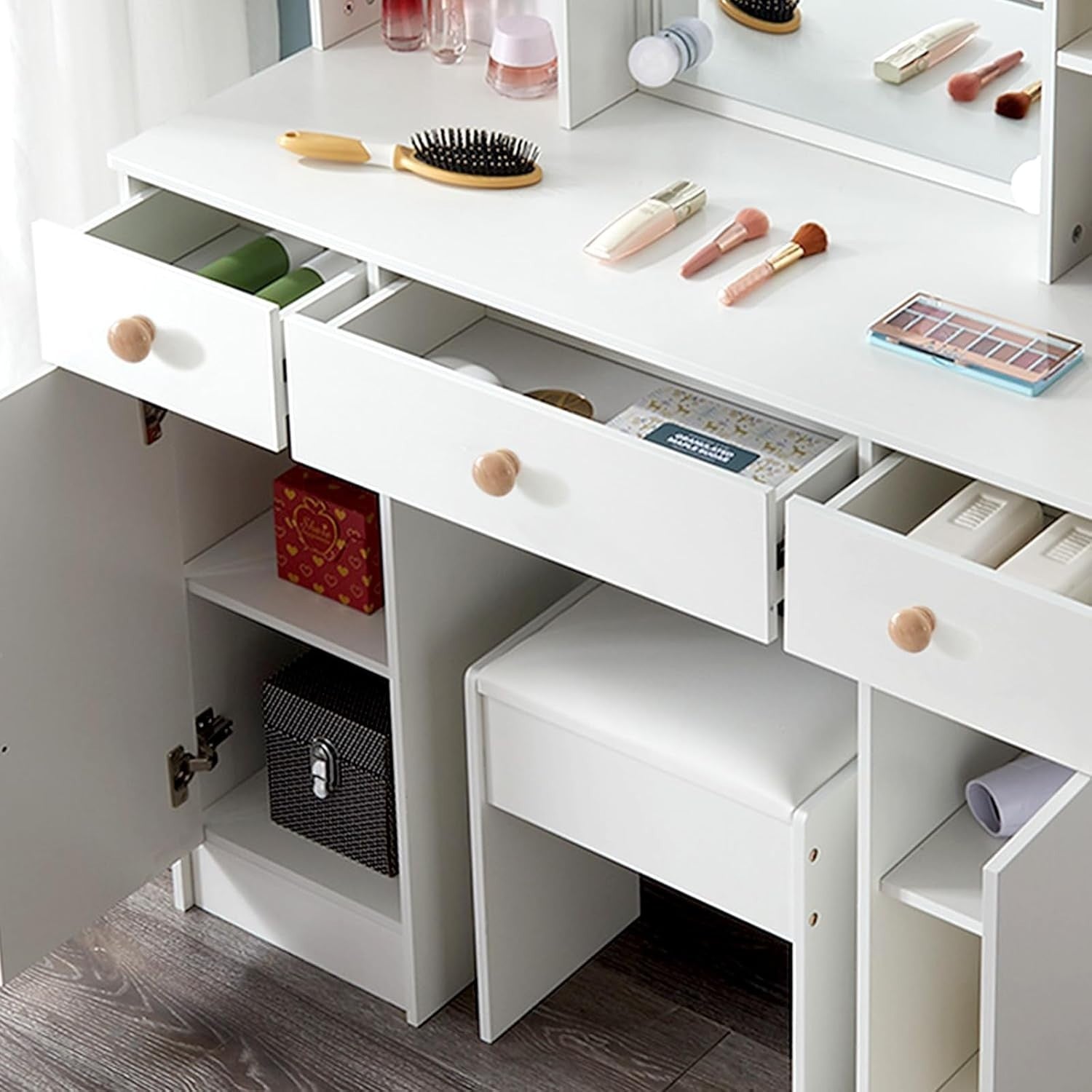 Modern White Vanity Makeup Desk Mirror 3 Drawer Storage Set Dressing Table