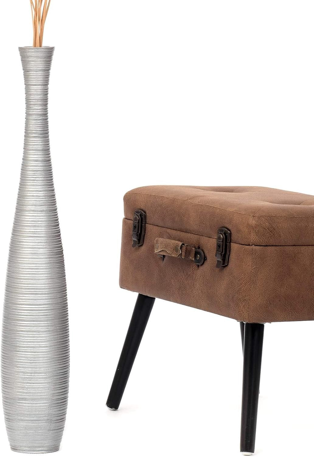 Silver Floor Vase 65cm Tall Wooden Decor for Pampas Grass