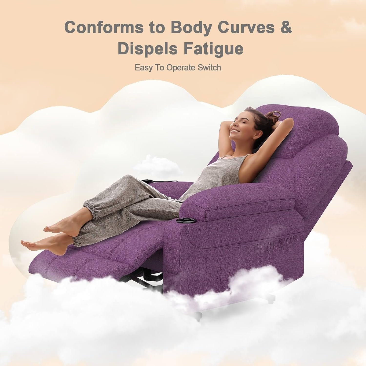Power Lift Recliner Chair Massage Heat USB Type-C Cup Holders Fabric Purple
