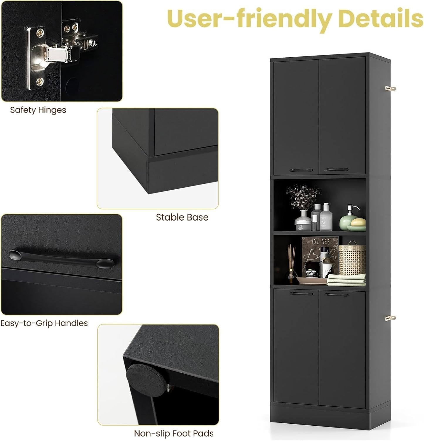 190cm Tall Kitchen Cupboard Black 4 Doors Open & Closed Storage Cabinet