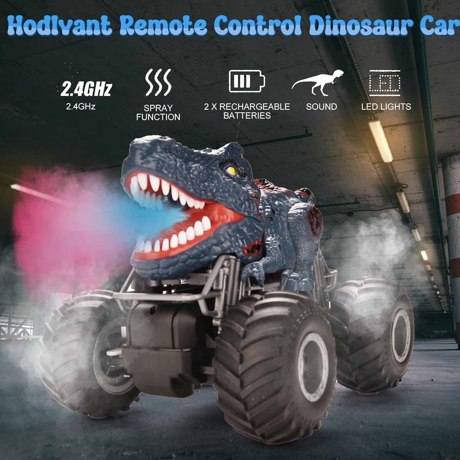 1:16 RC Dinosaur Monster Truck with LED Lights, Music & Spray Mist Toy