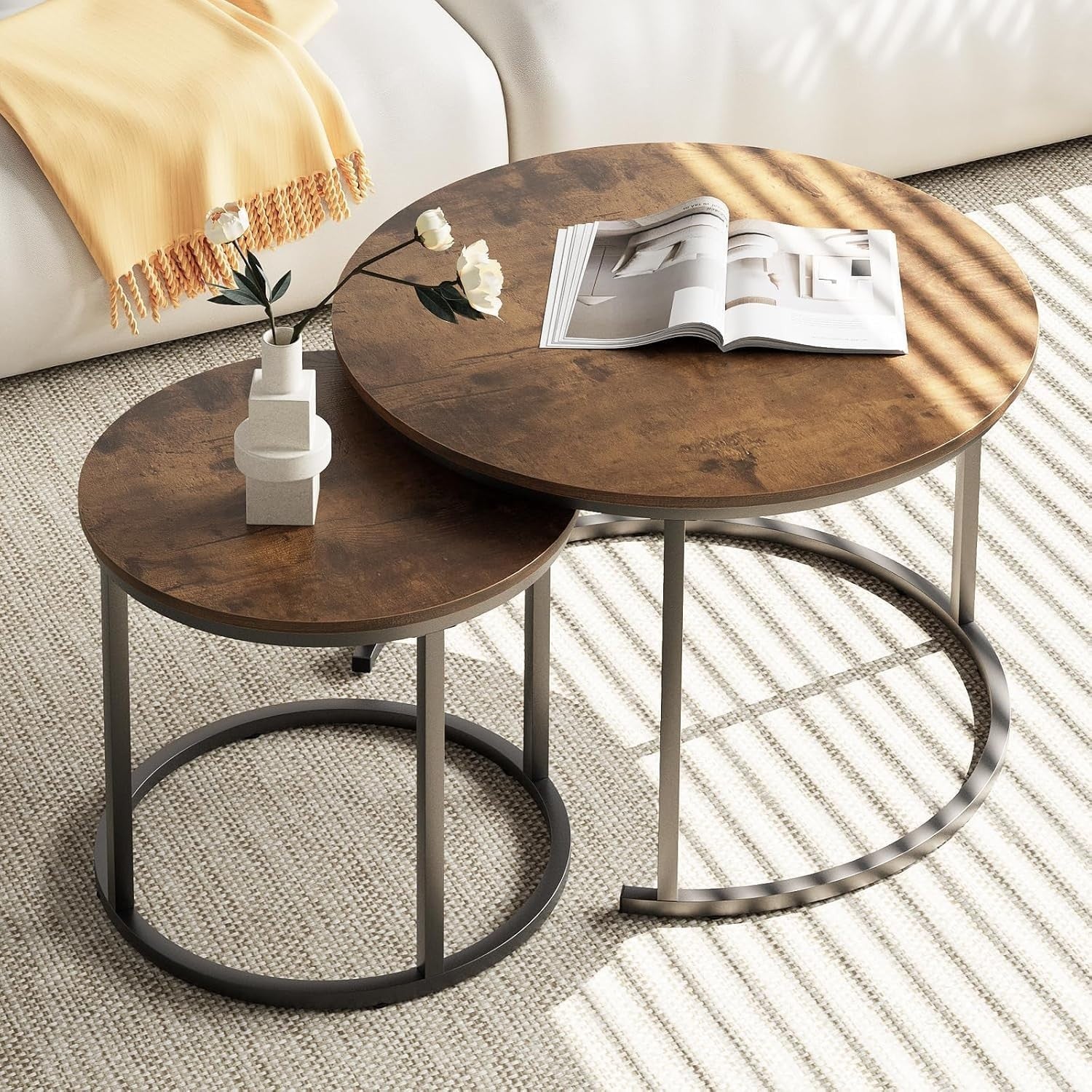 2-Piece Nesting Round Coffee Table Set with Brown Wood Top & Black Metal Frame