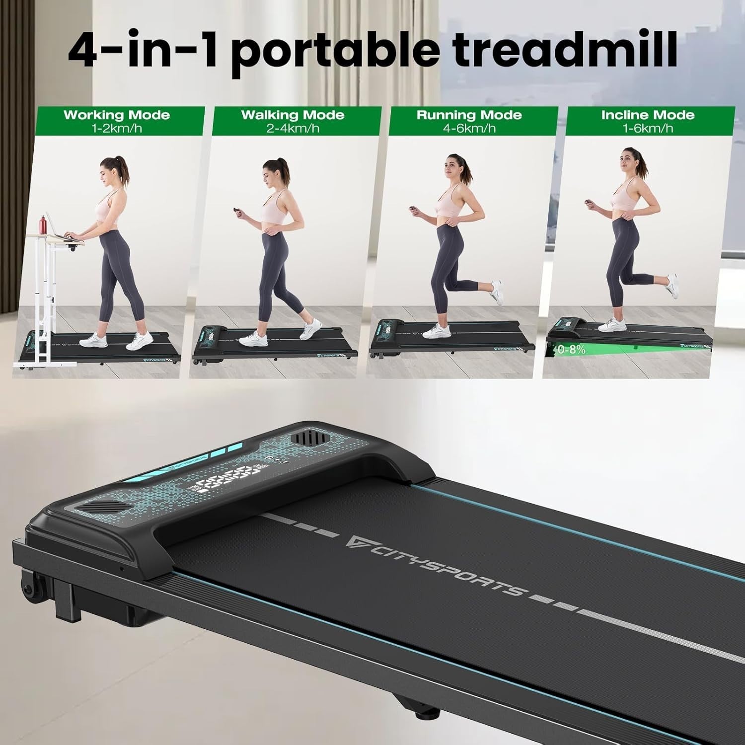 Under Desk Treadmill Walking Pad 6km/h Remote Control Incline LED Display --