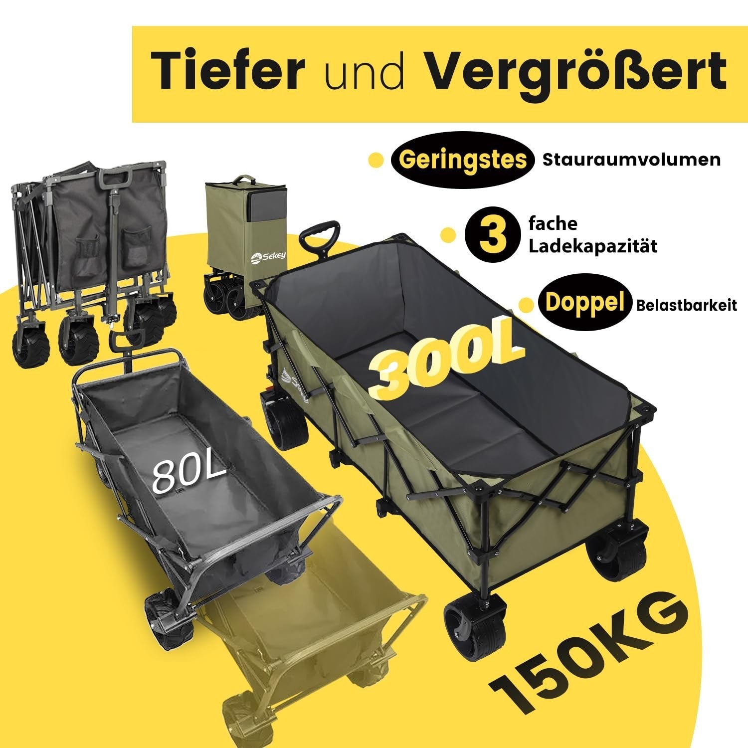 Olive Green XXXL Folding Handcart 300L Heavy Duty 200kg All-Terrain Wagon