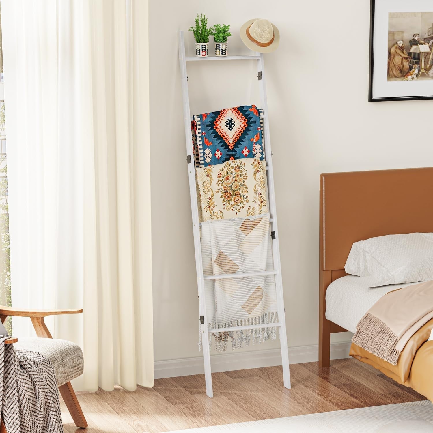 6 Tier Blanket Ladder Bamboo Towel Rack Leaning Storage Shelf White