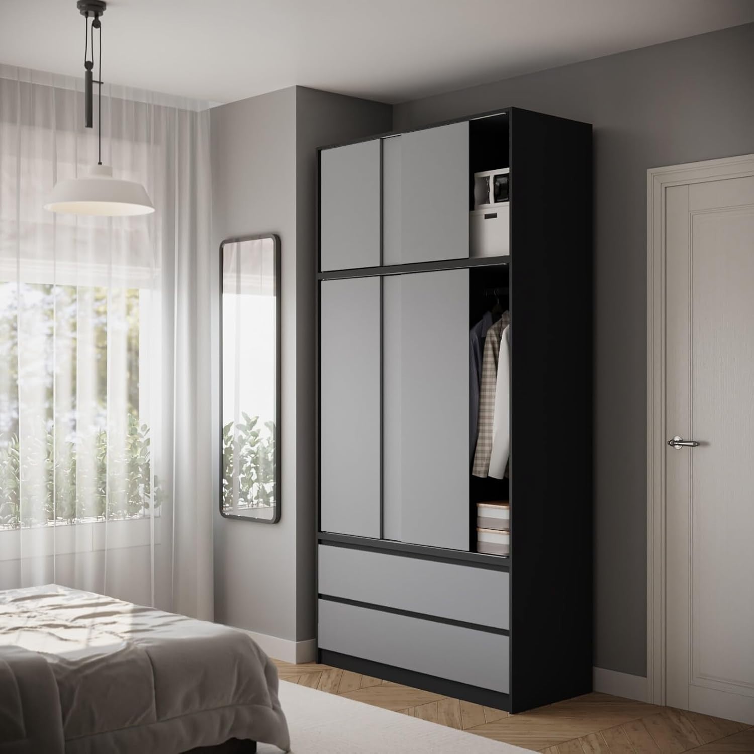 Grey Sliding Door Wardrobe 6 Doors 4 Drawers 240cm Modern Closet Storage