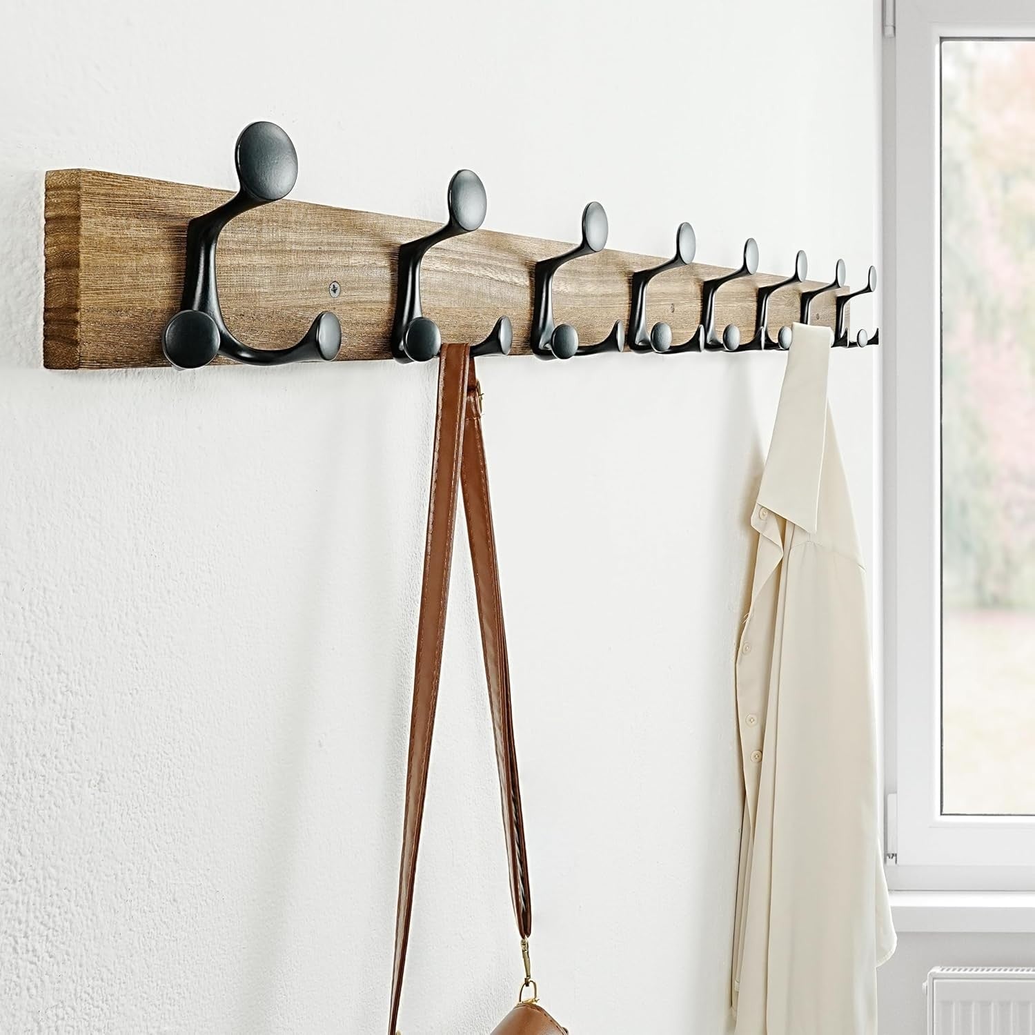 Wood Burnt Wall Coat Rack 8 Triple Hooks | Rustic Hanging Rail 43 Inch