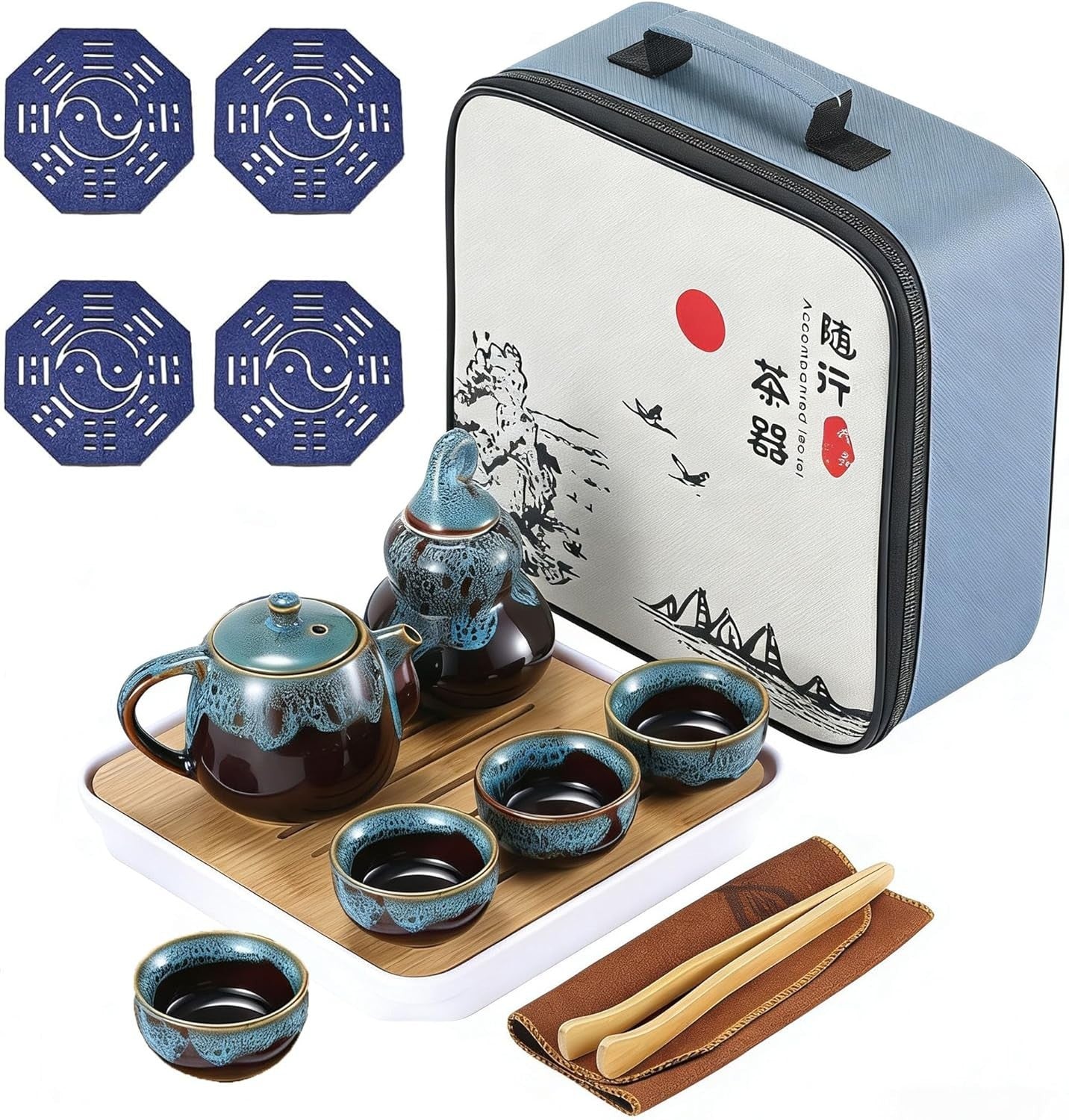 Portable Porcelain Kung Fu Tea Set Travel Teapot Cups Bamboo Tray Bag