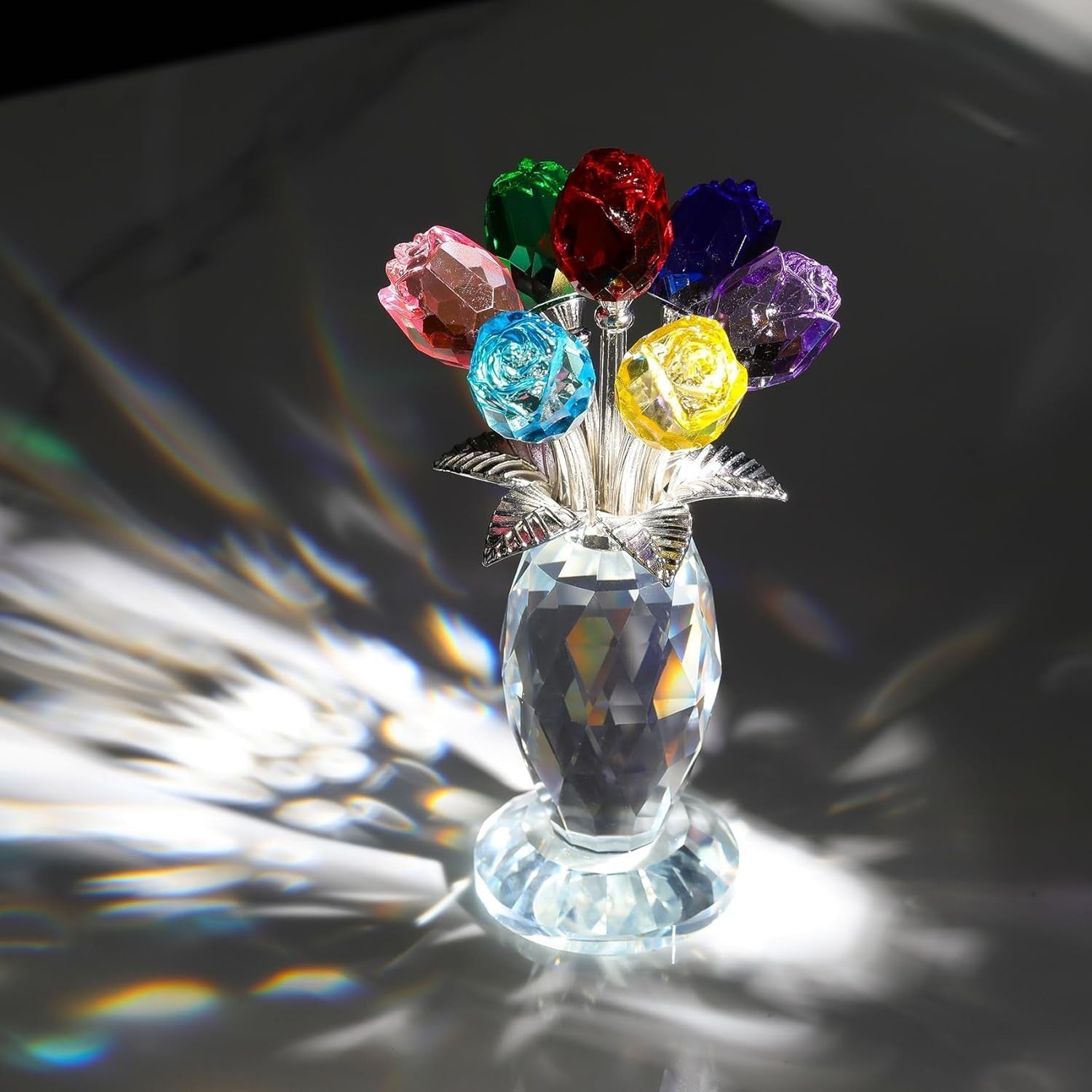 Multicolour Crystal Rose Bouquet Ornament Glass Flower Figurine Gift Decor