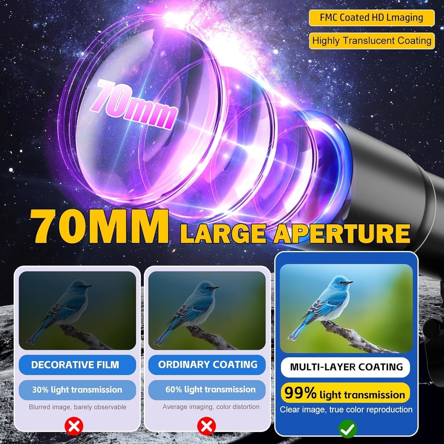 70mm 500mm Kids Beginner Refractor Telescope w/ Tripod Phone Adapter Bag