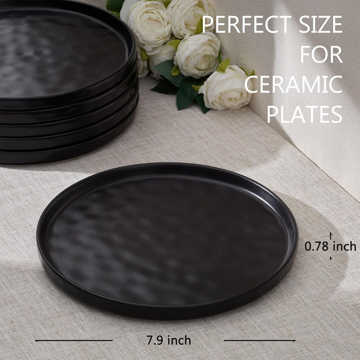 7.9in Ceramic Dessert Plates Set of 6 Matte Black Microwave Dishwasher Safe