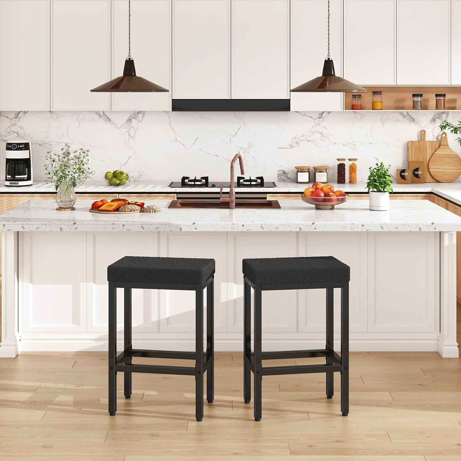 Black Bar Stools Set of 2 Counter Height Kitchen Chairs 66cm