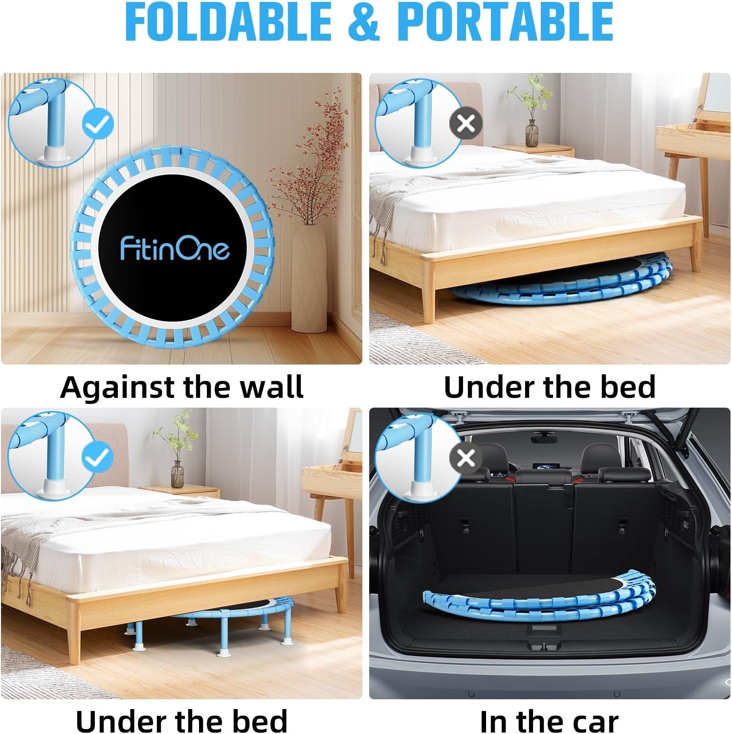 40” Folding Mini Trampoline Indoor Rebounder w T Handle Quiet 150KG