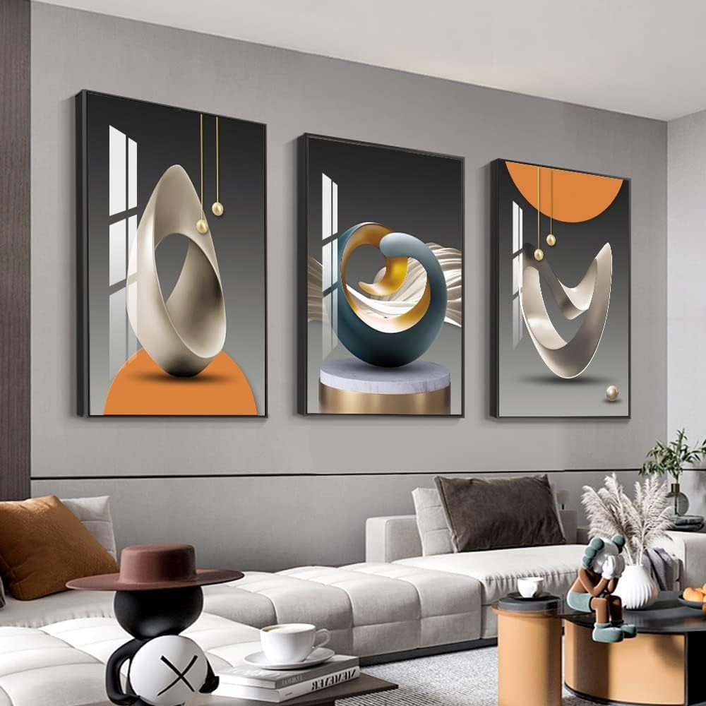 Modern Abstract 3-Panel Canvas Wall Art Blue White Yellow Grey