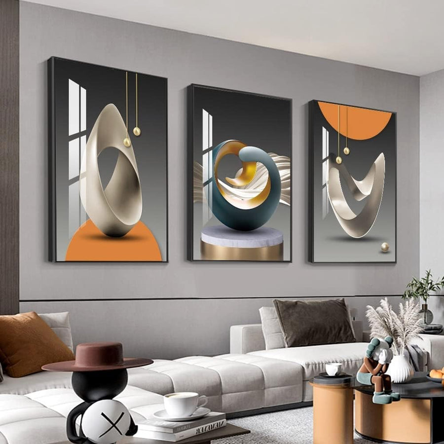 Modern Abstract 3-Panel Canvas Wall Art Blue White Yellow Grey