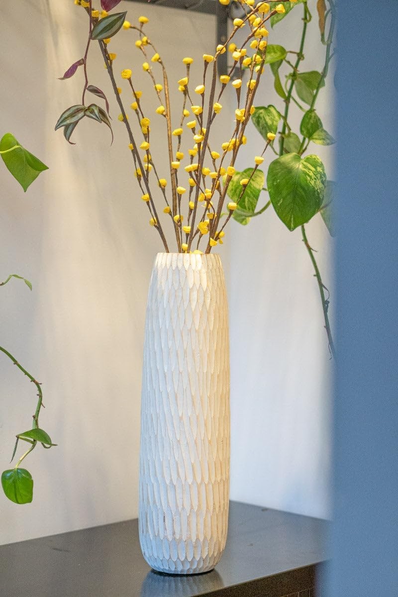 Tall White Floor Vase Resin Wood Effect Modern Boho Decor for Pampas Grass