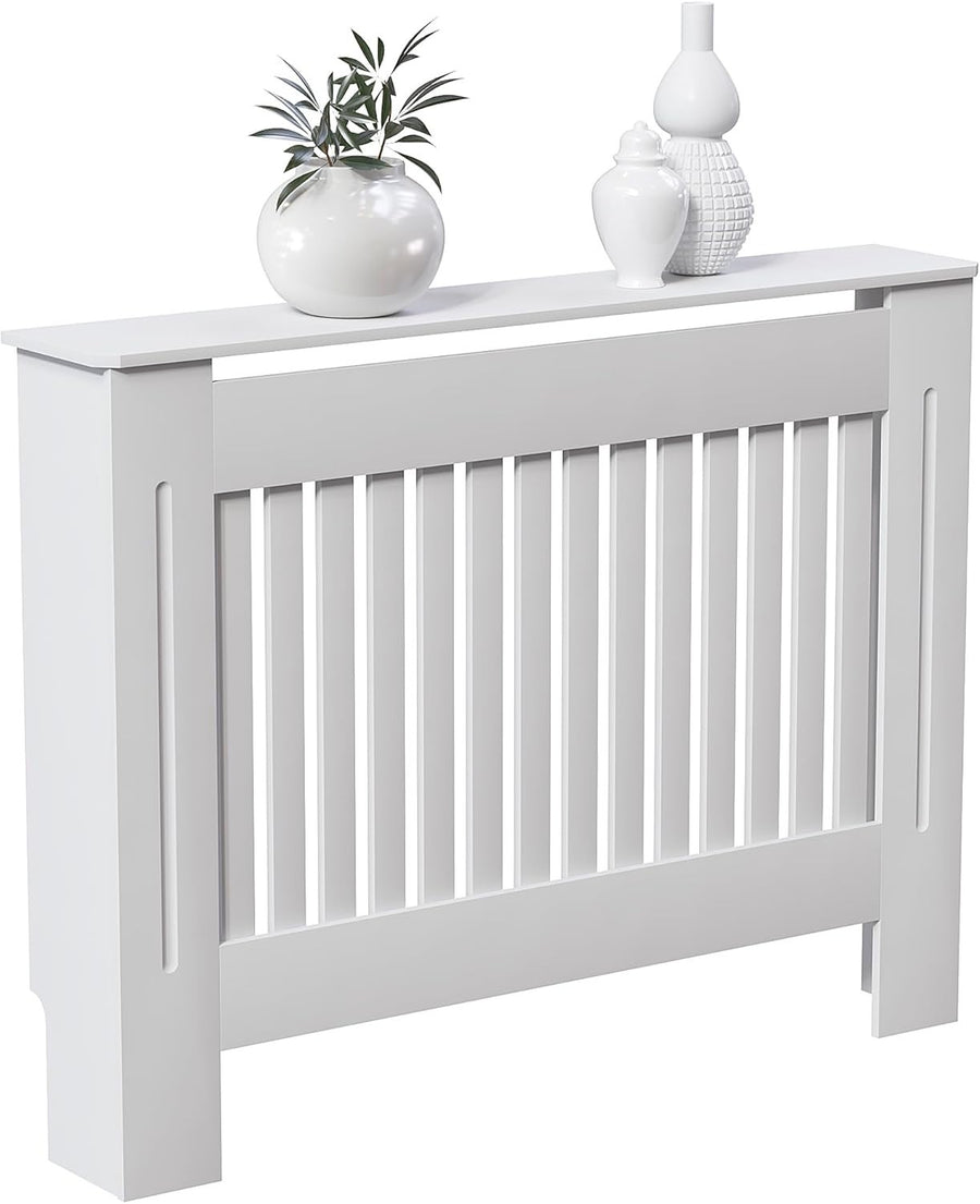 Medium White Radiator Cover Cabinet | Modern MDF Slatted Heater Cover with Shelf