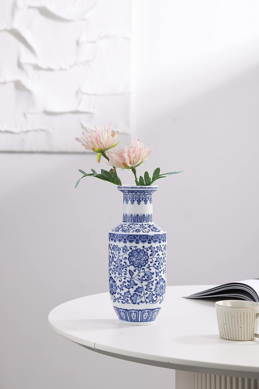 Blue White Chinoiserie Ceramic Vase 10in Glossy Floral Table Centerpiece