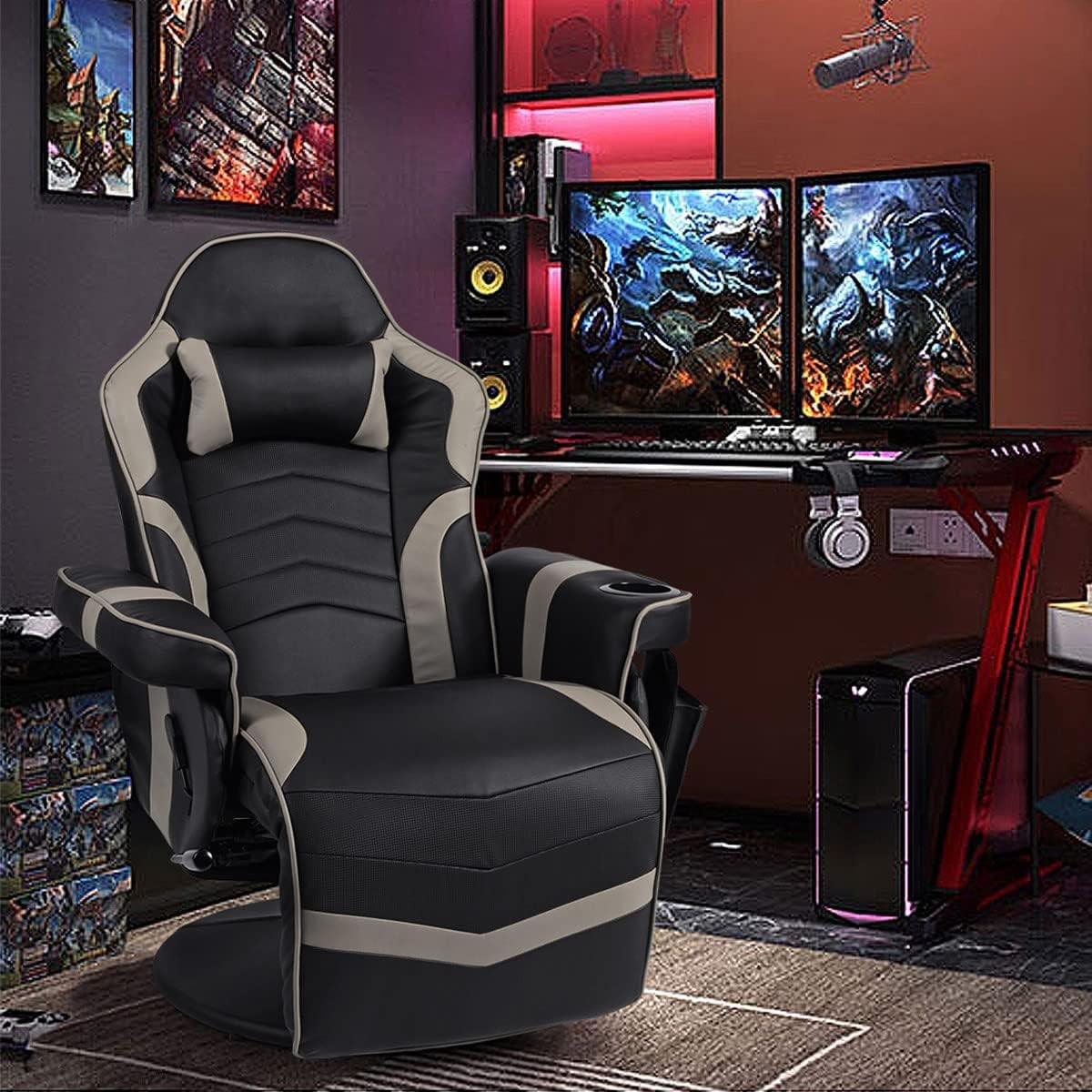 Massage Gaming Chair Recliner Footrest Cup Holder PU Leather