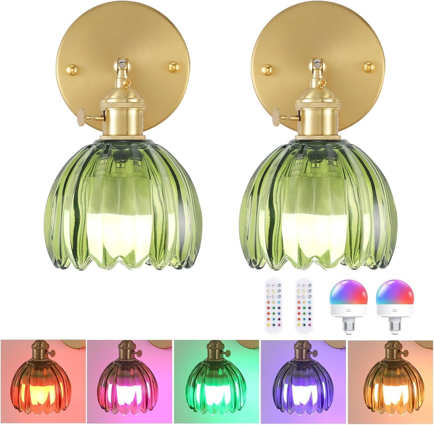 Set of 2 Rechargeable Wall Sconces with Remote, 12 Color Dimmable LED