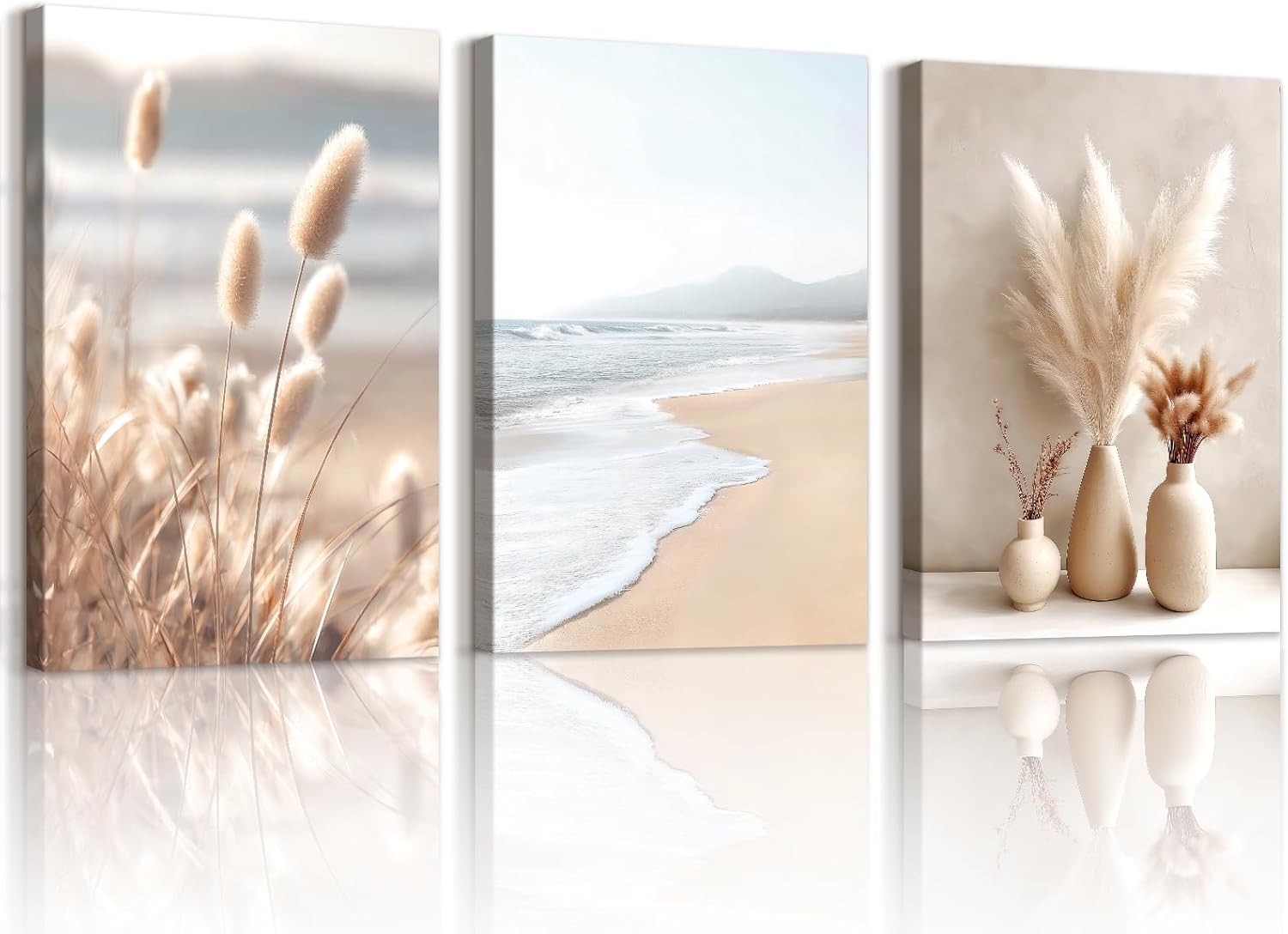 Boho Pampas Grass Canvas Wall Art 40x60 cm Set of 3 Framed Prints