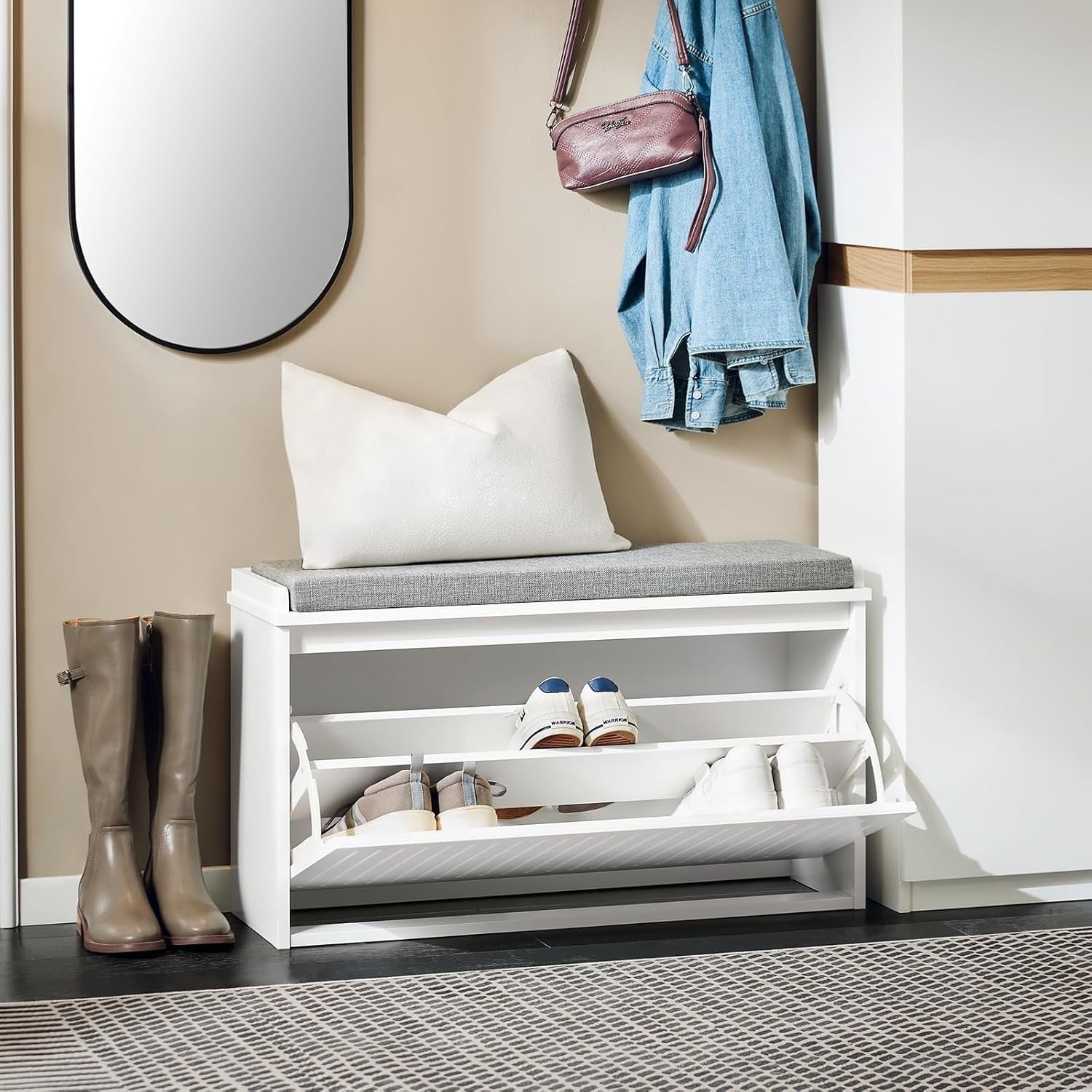 White Shoe Storage Bench with Cushion – Flip Drawer, Space Saving Seat 80cm