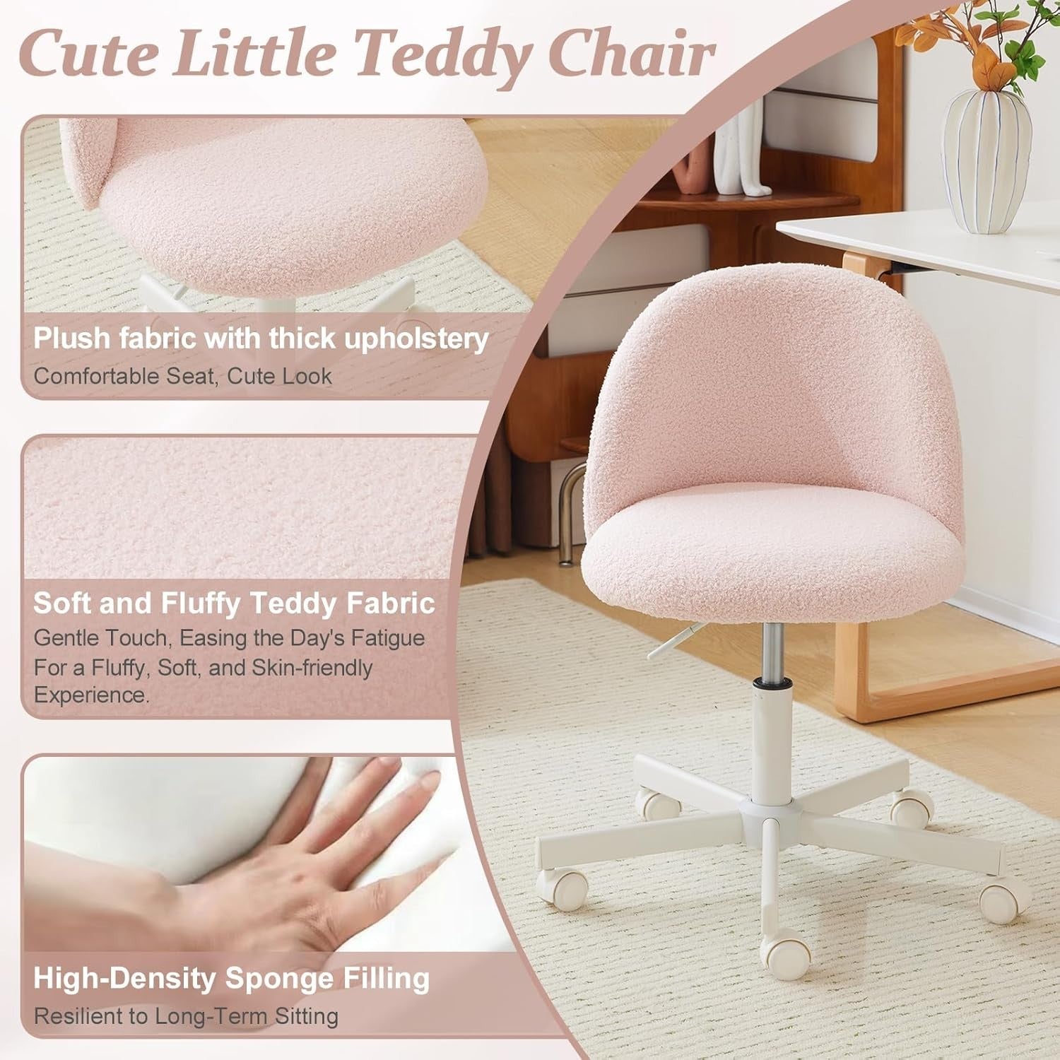 Gentle Pink Teddy Fleece Desk Chair – Adjustable Height Swivel Office Seat