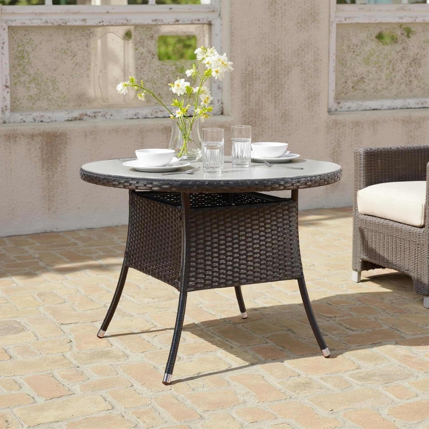 3pc Rattan Garden Dining Set Black Table & 2 Chairs Patio Outdoor Set