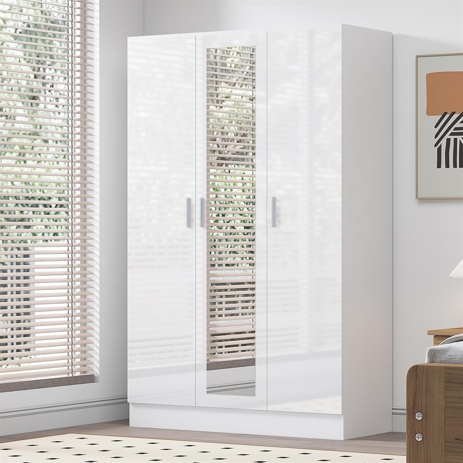 3 Door Mirrored Wardrobe White Gloss with Hanging Rail & 4 Shelves Storage