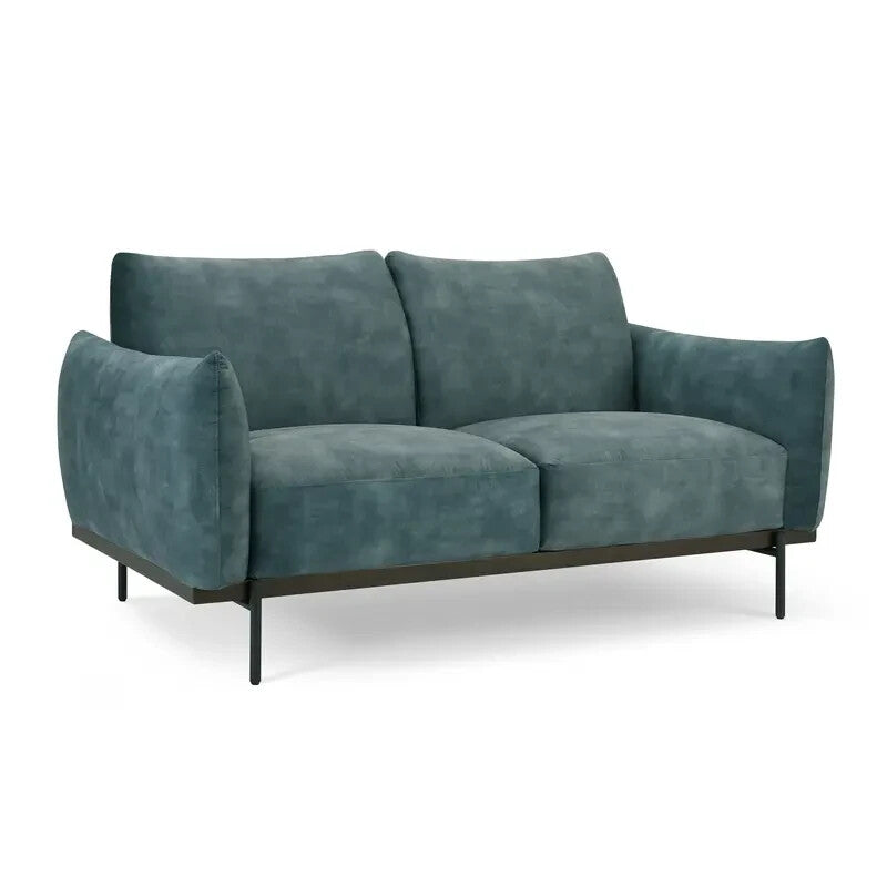 Velvet 2 Seater Sofa Petrol Blue | Compact Modern Couch UK | Metal Legs