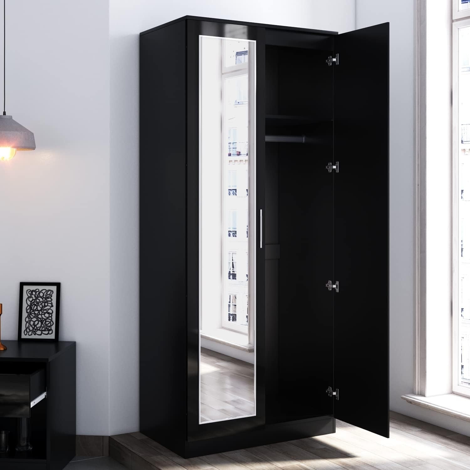 2 Door Mirror Wardrobe High Gloss Black Modern Bedroom Storage Unit