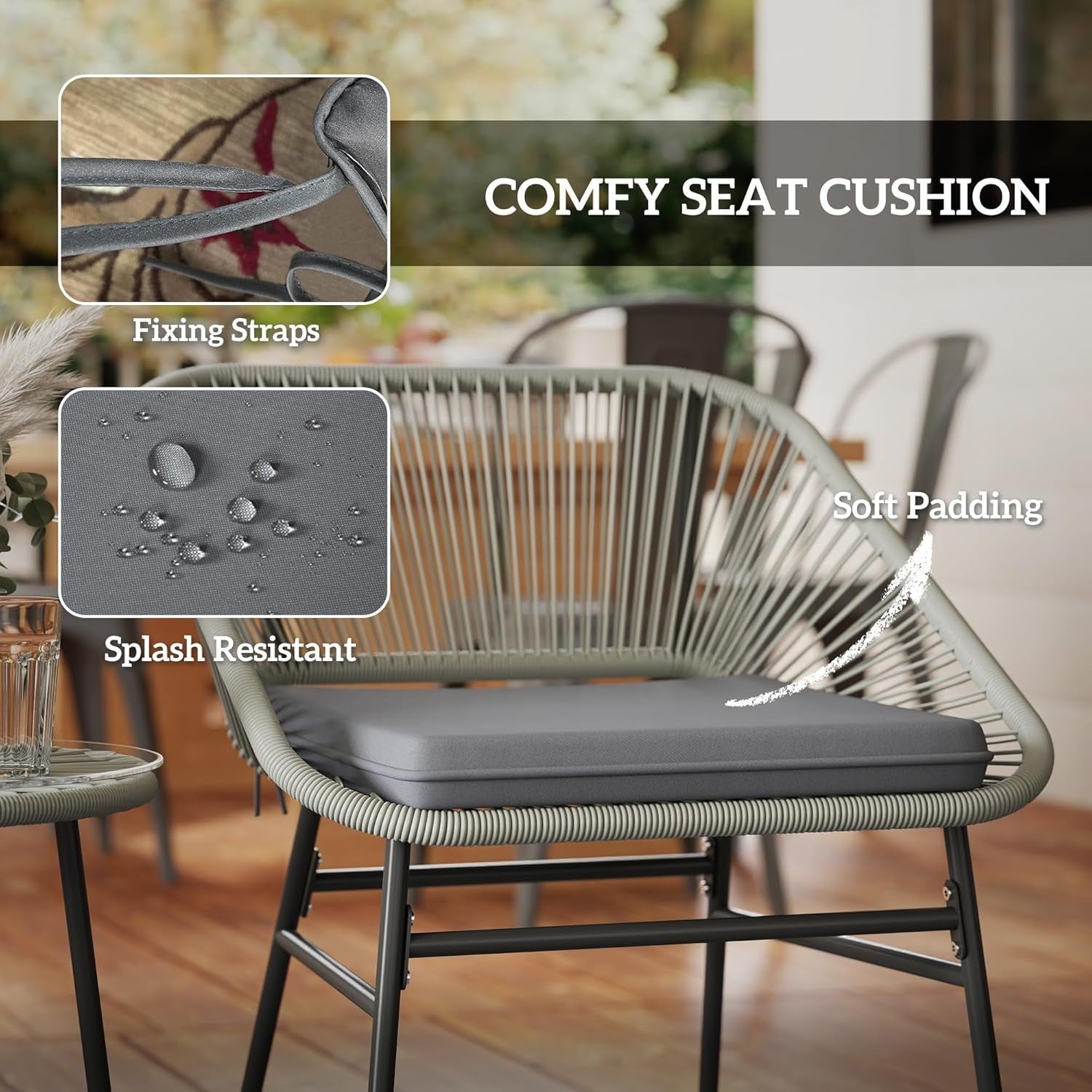 Light Grey Rattan Bistro Set 3PC Cushioned Chairs Round Table Balcony Patio