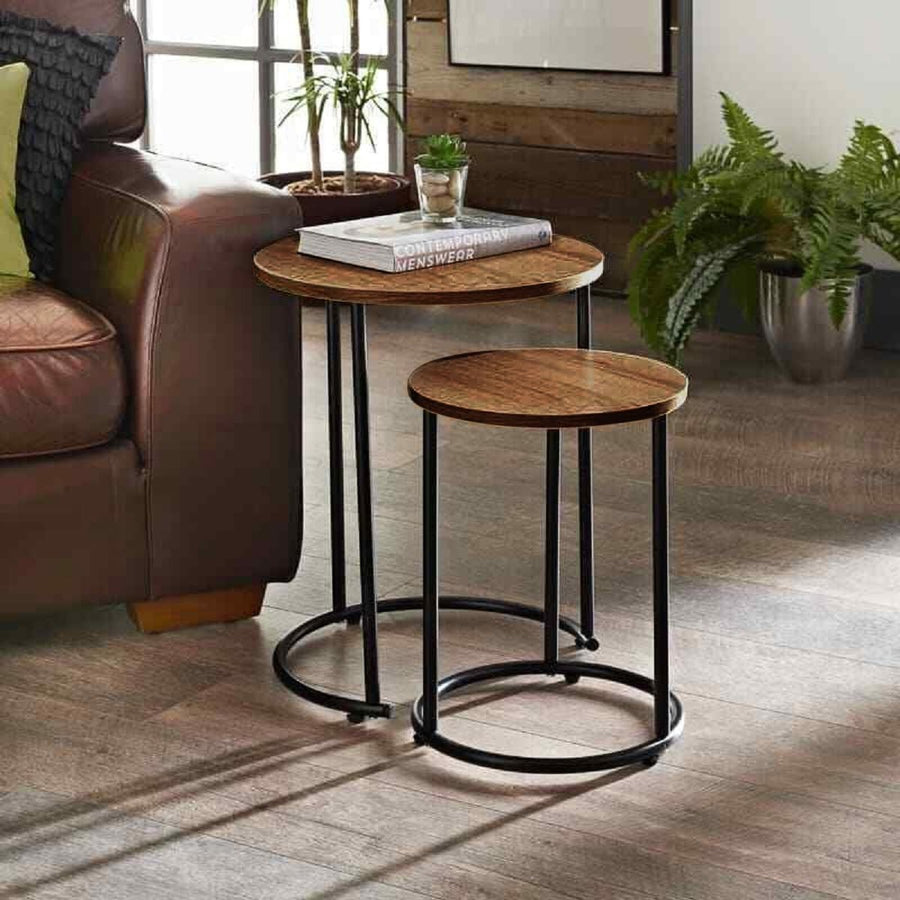 Round 2-Piece Nesting End Table Set Side Coffee Tables Industrial Metal Frame