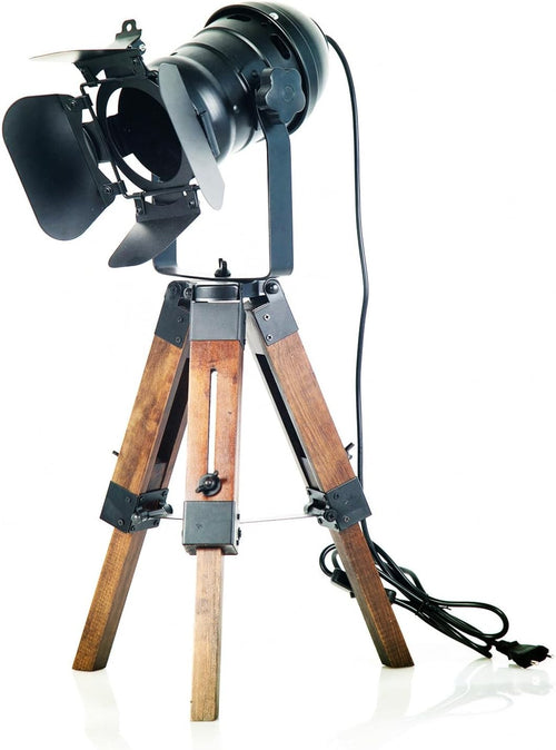 Industrial Tripod Table Lamp Retro Cinema Spotlight Wood Desk Light