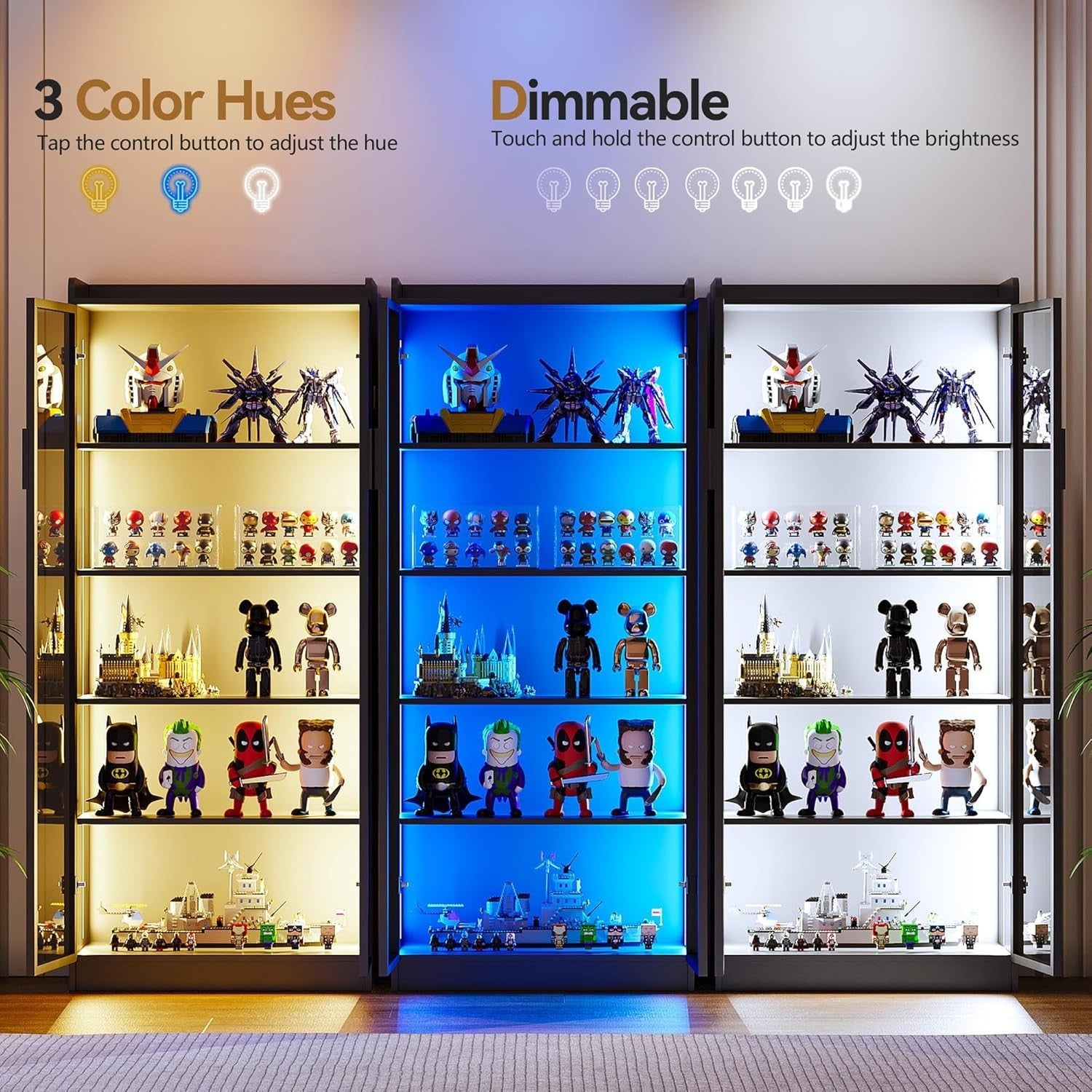 LED Display Cabinet with Acrylic Door, 5 Shelves, 3-Color Lights, 65"