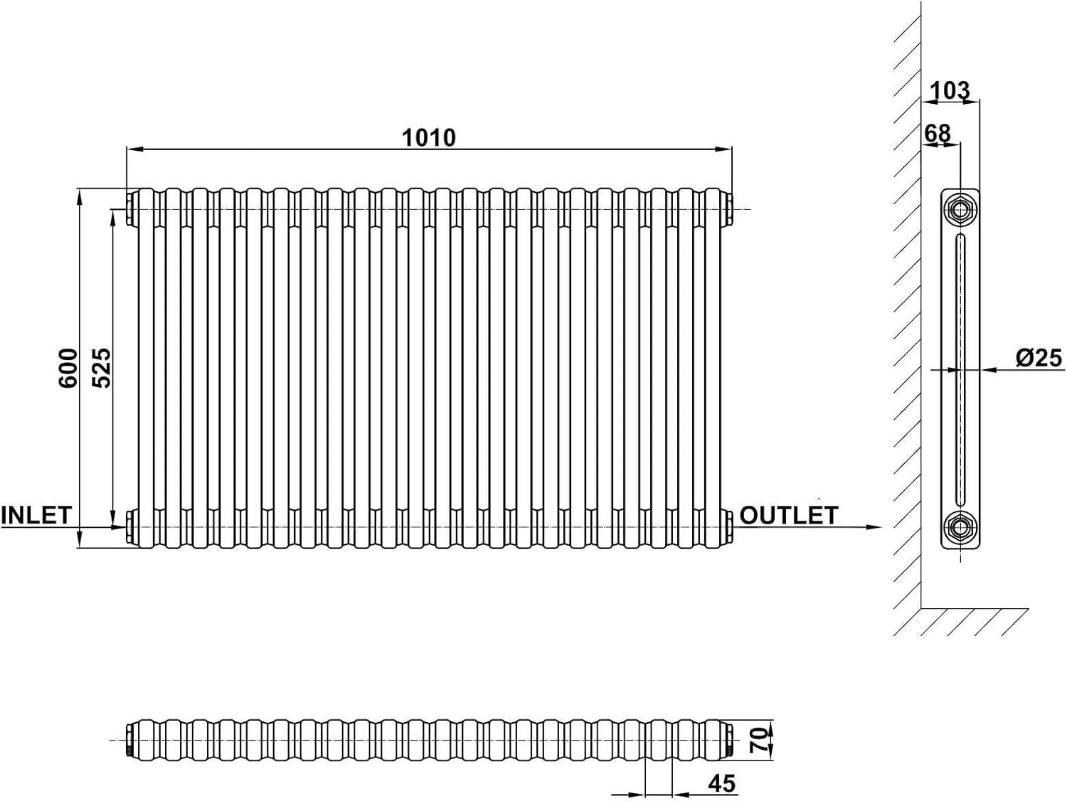 White 2 Column Designer Horizontal Radiator 600x1010mm Modern Cast Iron