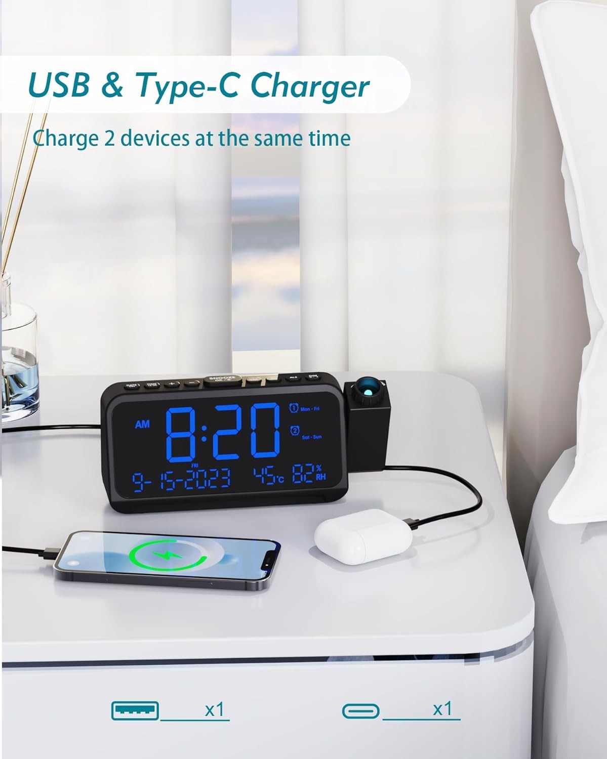 Projection Alarm Clock Blue LED Digits Temperature USB Charging Bedside