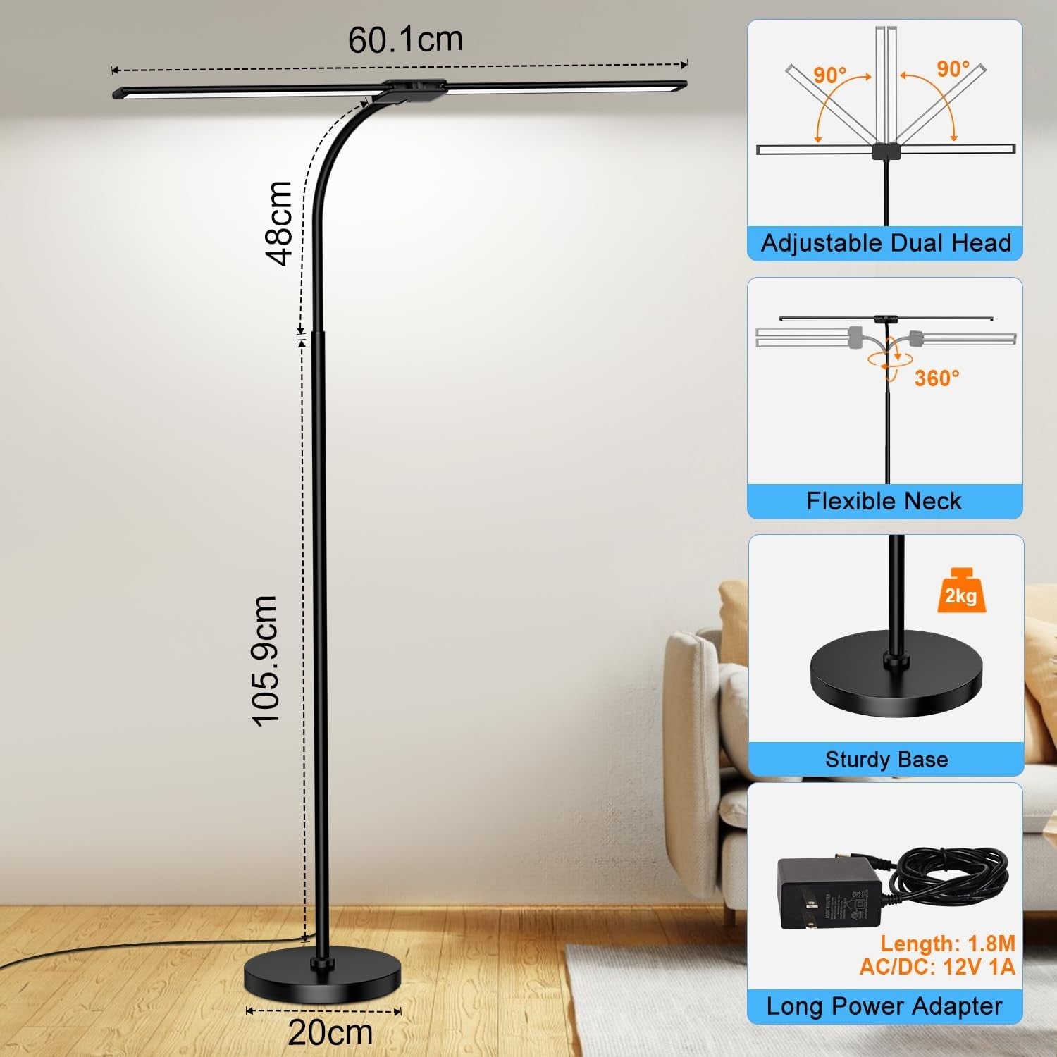LED Dual Head Floor Lamp Dimmable Remote Gesture Control Reading Light