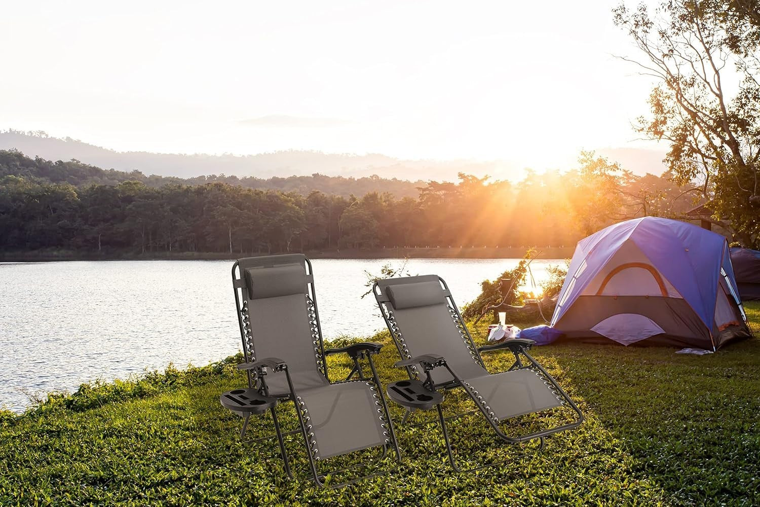Zero Gravity Outdoor Reclining Chairs Set of 2 Foldable Sun Loungers Grey