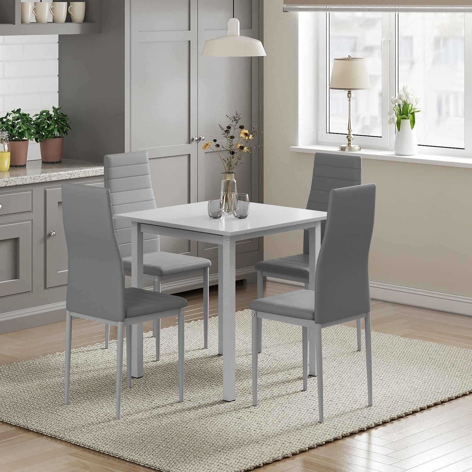 Modern Grey Dining Table Set 4 Chairs - Space Saving, Waterproof, Durable